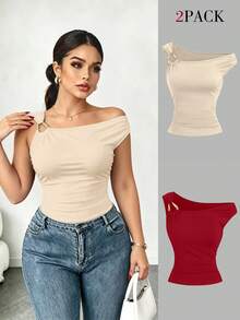 Elenzga Set de 2 piezas de talla grande, camiseta ajustada con cuello asimétrico, top casual versátil, primavera/verano - Multicolor - Ver 1