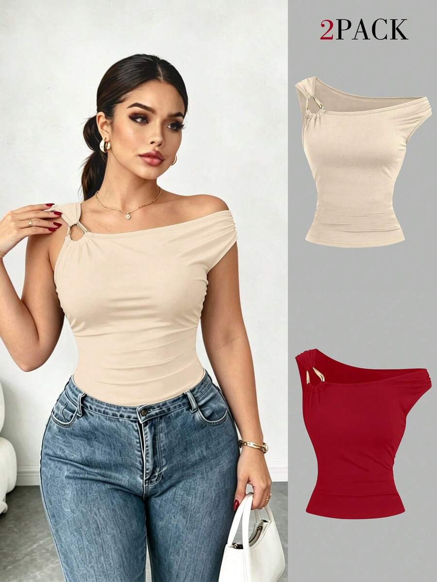 Elenzga Set de 2 piezas de talla grande, camiseta ajustada con cuello asimétrico, top casual versátil, primavera/verano - Multicolor - Ver 1