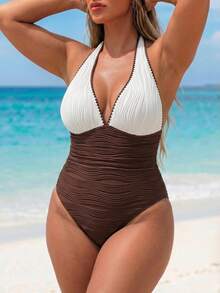 Slaydiva Maiô Sexy de Uma Peça Novo Verão 2026 com Tecido Especial e Design de Botão Floral para Férias na Praia, Tamanho Plus - Multicolorido - Visão 3