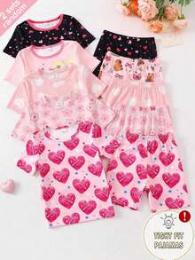 SHEIN Set Piyama Rumah Kasual Sehari-hari untuk Anak Perempuan Remaja, Atasan Lengan Pendek Leher Bulat Motif Seluruh Permukaan dan Celana Pendek, 4 Potong - Berwarna merah muda - View 2