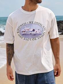 DAZY Men's Short Sleeve T-Shirt With Yacht & Letter Print Graphic Tee Summer - White - View 7