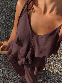 DAZY 女款純色荷葉邊細肩帶上衣與長褲休閒兩件套，適合度假夏季 - 咖啡棕 - 查看 1
