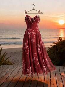 SHEIN Clasi Romantic Elegant Ruffle Collar Fitted A-Line Dark Red Floral Print Vintage Vacation Dress Dinner Date Summer - Redwood - View 8