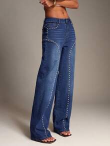 SHEIN BAE Women's Fashion Versatile Rivet Pocket Button Casual Denim Jeans - Medium Wash - View 5