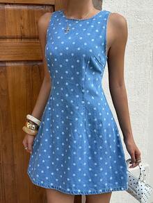 Siren Gaze Women's Polka Dot Pattern Round Neck Casual Sleeveless Denim Dress Vacation Casual Business Elegant Festival Party Going Out Graduation Polka Dot - Blue - View 4
