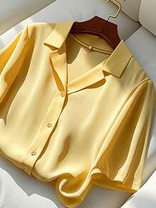 Franclia Blus Wanita Kasual Lengan Pendek Berkerah Warna Polos Serbaguna, Musim Panas - Kuning - View 4