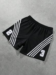 ROMWE MEN Street Life Celana Pendek Kasual Pria dengan Motif Garis Huruf dan Tali Serut di Pinggang - Hitam - View 2