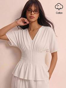 COSMINA Women's Casual Elegant Ruffle Waist Off-White Blouse Brunch Summer/Work Outfits For Women - White - View 4