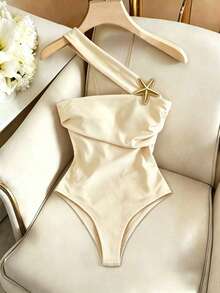 Franclia Casual Tropical Sexy Fashion Women's Metal Starfish Decor One-Shoulder Bodysuit Vacation Night Out All White Summer - Beige - View 6