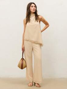 CielaLinda Women's Cowl Neck Chiffon Halter Top Asymmetric Hem Pants Set Brunch Office Tea Party Beige Summer Elegant French - Apricot - View 5
