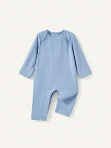 Cozy Pixies Baby Boy Casual Solid Color Long Sleeve Overlapping Shoulder Jumpsuit 2pcs Set - Multicolor - View 7