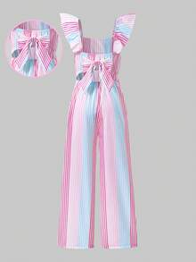 SHEIN Sparklyn 1件女童連身褲，背部鏤空設計，大蝴蝶結裝飾，細肩帶荷葉邊飄逸袖長褲，適合春/夏休閒穿著 - 彩色 - 查看 2