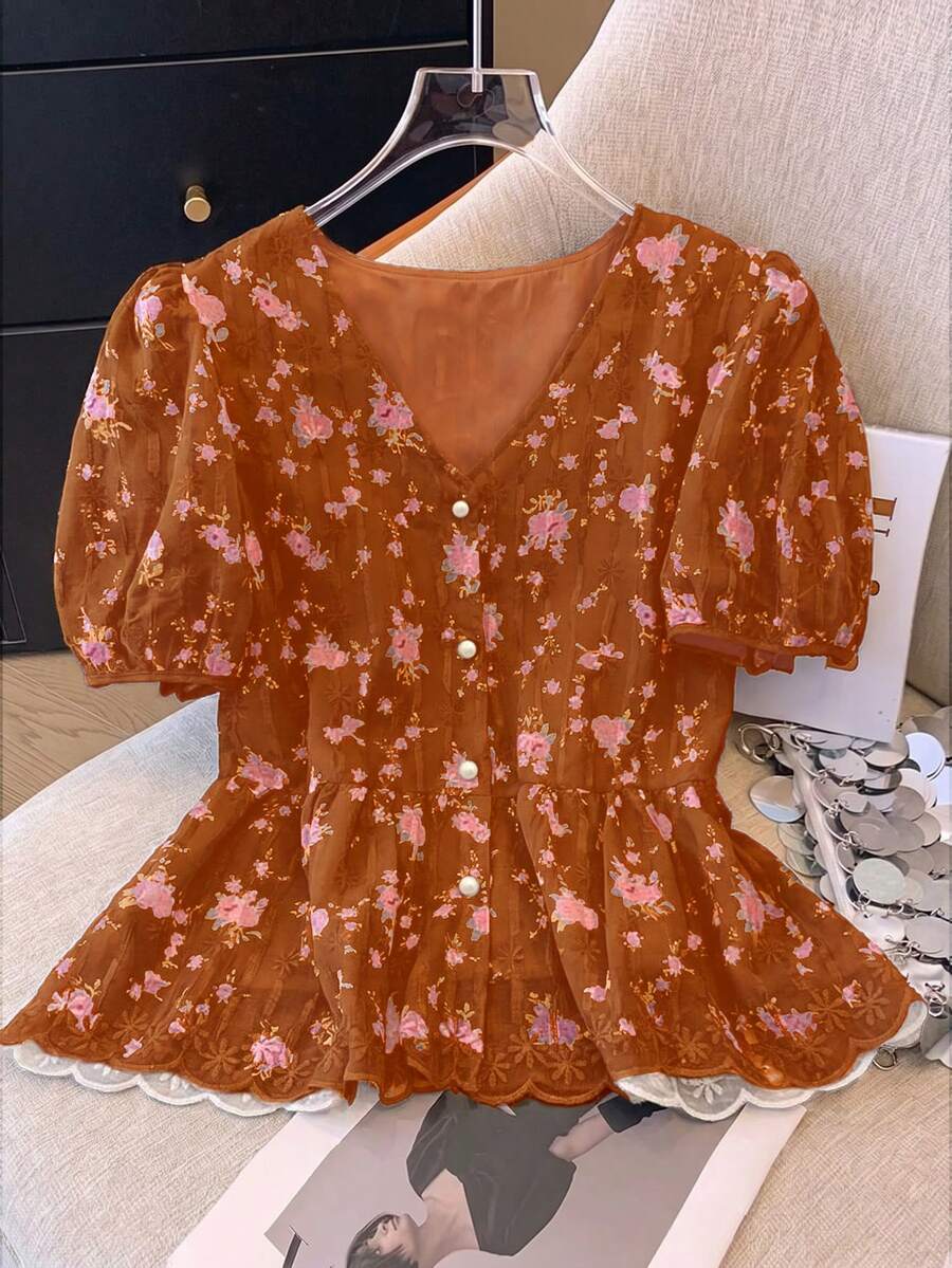 Franclia 法式甜美刺繡V領短袖女款上衣 - 珊瑚橙 - 查看 1