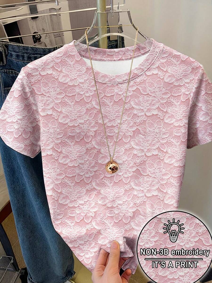 SHEIN 女士全印花T恤,3D立体花卉图案,时尚百搭,适合街头、通勤、秋夏季节以及2026年情人节穿着。 - 彩色 - 查看 1