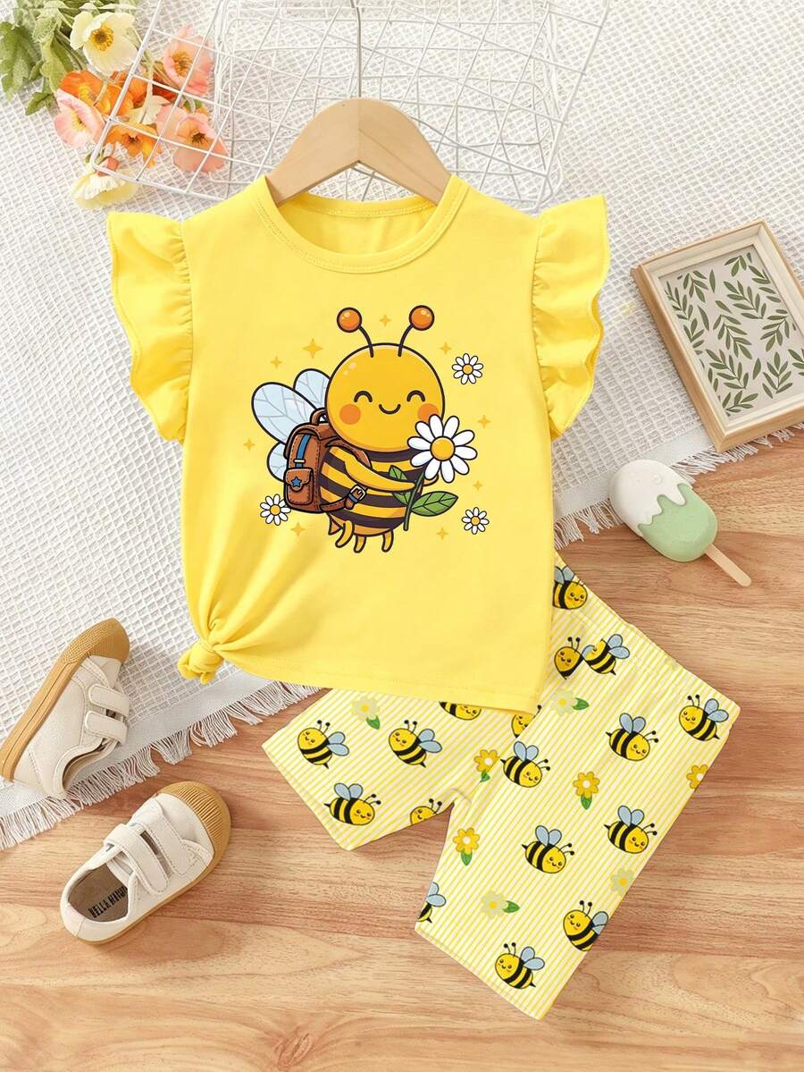 Setelan Kaos Pendek Lengan Bergelombang dan Celana Sepeda untuk Anak Perempuan Muda dengan Motif Lebah Kartun Kreatif dan Segar, Gaya Kasual, Nyaman untuk Olahraga Sehari-hari, Musim Semi, Musim Panas, dan Musim Gugur. - MultiWarna - View 1