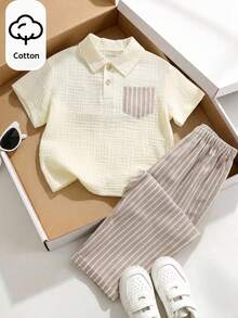 SHEIN 兒童小男孩寬鬆休閒翻領短袖 Polo 衫與長褲 2 件套 - 彩色 - 查看 4