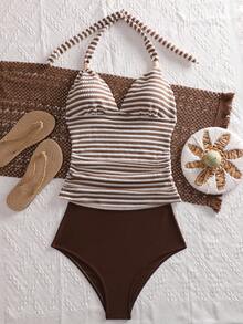 Swim Vcay Nuevo top de tirantes tipo bikini de moda europea y americana de verano, tejido de punto 3D con textura, con accesorios dorados, tirantes finos, braguita de baño de cintura alta de color liso, adecuado para playa, spa y resort - Multicolor - Ver 2