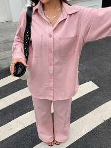 DAZY 女款秋季寬鬆牛仔時尚套裝 2件組 寬鬆長袖襯衫搭配拖地寬腿長褲 - 粉色 - 查看 1