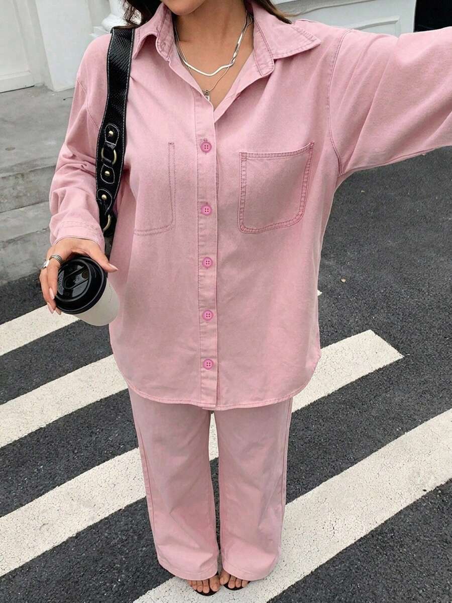 DAZY 女款秋季寬鬆牛仔時尚套裝 2件組 寬鬆長袖襯衫搭配拖地寬腿長褲 - 粉色 - 查看 1