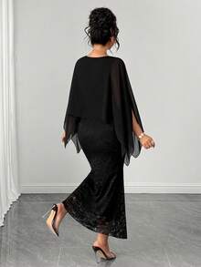 Elenzga Plus Size Women's Cape Sleeve Lace Mermaid Hem Elegant Dress - Black - View 2