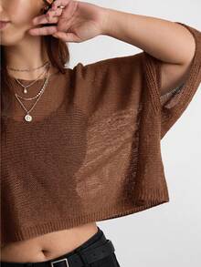 Easelle Women's Solid Color Boat Neck Batwing Sleeve Cropped Sweater - Brown - View 6