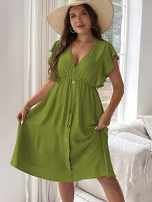 Vionelle Plus Size Women's Solid Color V-Neck Button Ruffle Dress - Green - View 3