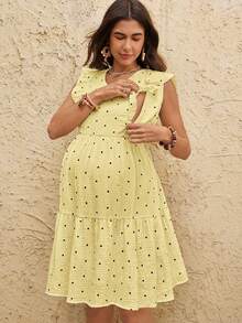 Boho Mama Vestido de maternidad y lactancia con textura de lunares y bajo con volantes - Amarillo - Ver 6