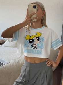 THE POWERPUFF GIRLS X SHEIN Camiseta de mujer de verano con patrón de burbujas de bloques de color - Blanco - Ver 3
