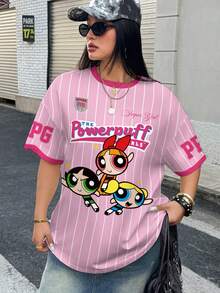 THE POWERPUFF GIRLS X SHEIN 大码女式圆领条纹字母卡通印花休闲百搭日常短袖T恤 - 白色 - 查看 3