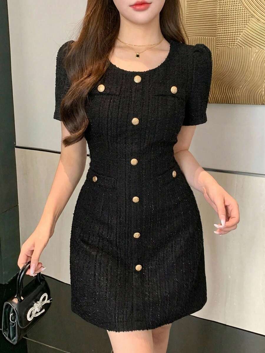 DAZY 春夏秋圓領泡泡短袖收腰黑金粗花呢修身女裝洋裝 教師節辦公室茶會穿搭 - 黑色 - 查看 1