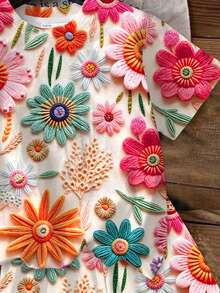 Young Girl Casual Minimalist Cute Textured Floral Print, Short Sleeve Long Pants 2-Piece Set Suitable For Summer, Graphic, Cozy, Girls Outfit Sets, Y2K, Vintage, Vacation - Multicolor - View 6