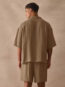 Musero Sold As One Cropped Boxy Short Sleeve Button Up And Shorts Set Spring Summer Essentials - Beige - View 4