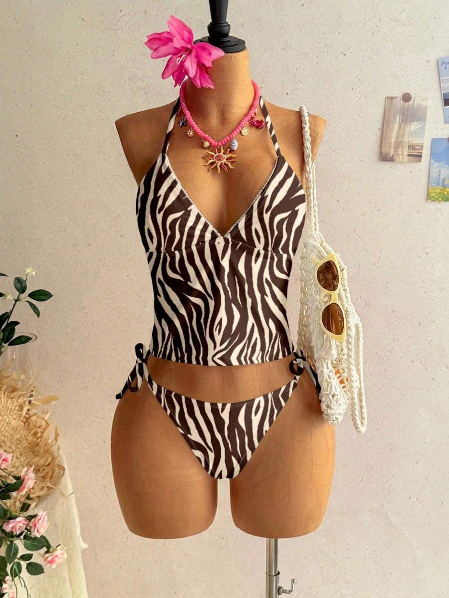 Soleia Set Baju Renang Wanita Motif Zebra Vintage, Cocok untuk Jalan-jalan, Liburan Pantai, Gaya Chic, Pesta Kapal Pesiar, Baju Renang Liburan untuk Wanita - MultiWarna - View 1