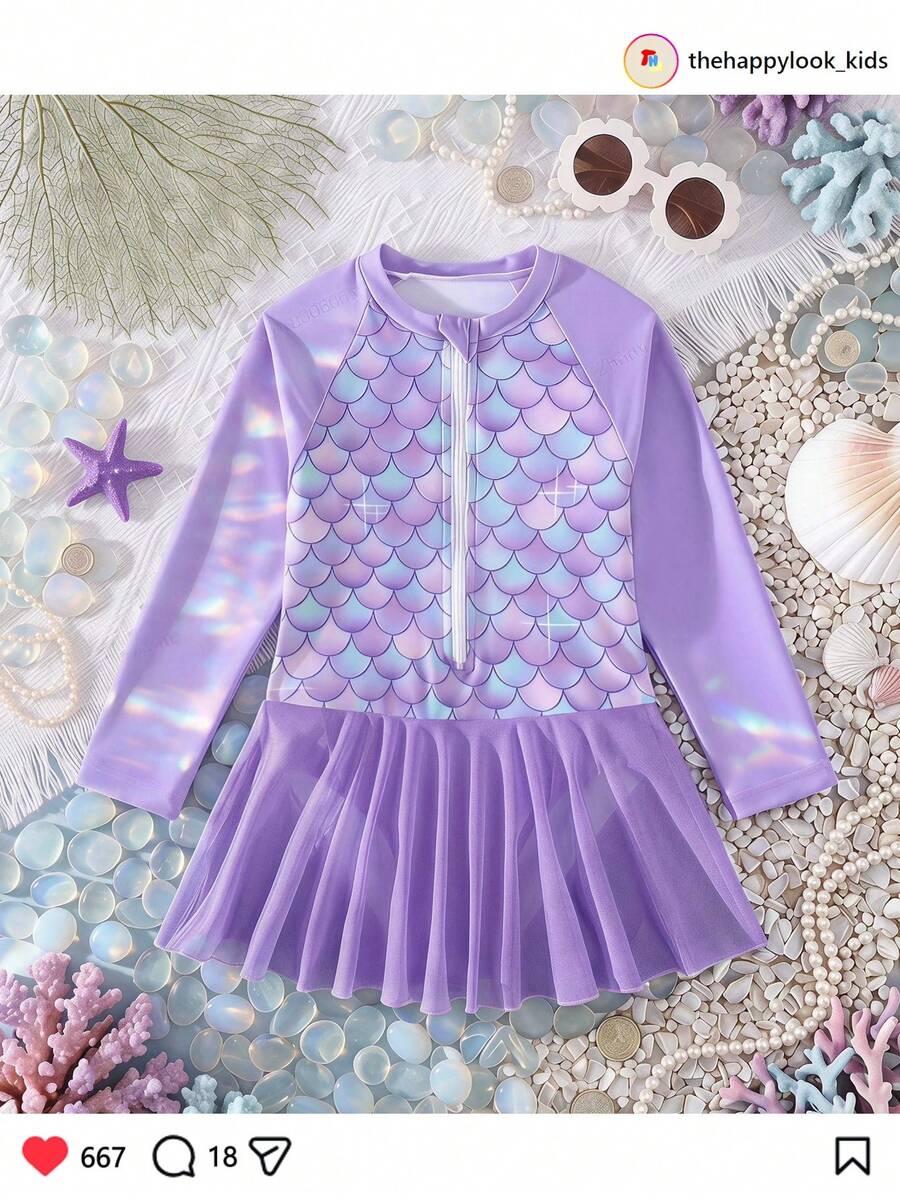 SHEIN THE HAPPY LOOK Young Girl Fish Scale Print Raglan Long Sleeve Zipper Design Casual One-Piece Swimsuit - Purple - View 1