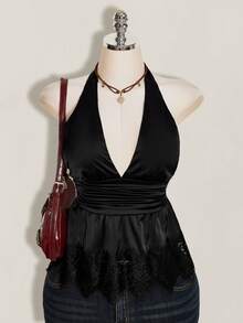 SHEIN ICON 女款素色深V領抓皺腰部性感掛脖上衣 - 黑色 - 查看 4