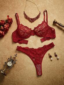 PinupPomp Floral Lace Underwire Lingerie Set - Burgundy - View 4