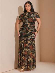 SHEIN BAE CURVE Plus Size Women's Dress With Leaf Print,Women's Plus Size Mock Neck Long Floral Print Dress With Ruched Detail Designer Style For Special Occasions - Multicolor - View 5