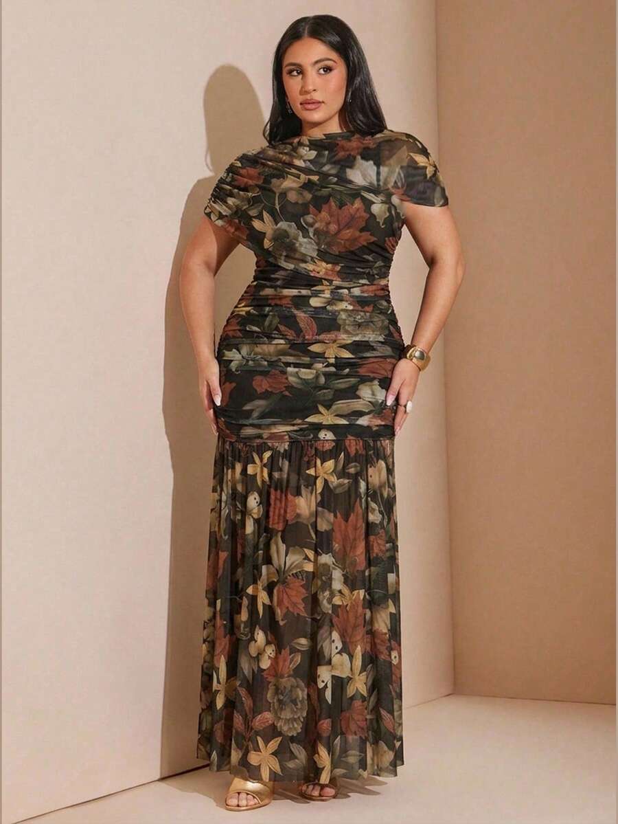 SHEIN BAE CURVE 大码女式树叶印花连衣裙 - 彩色 - 查看 1
