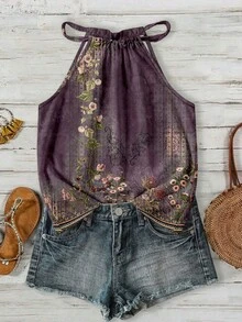 Casual Minimalist Dark Purple Vintage Floral Pattern Women's Halter Neck Tank Top Suitable For Spring And Summer - Multicolor - View 3