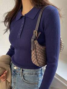 DAZY 女款商務休閒半袖POLO領半鈕扣針織毛衣上衣 - 藍色 - 查看 9