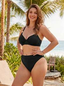 Swim Chiccia Plus Size Women's Summer Beach Solid Color Ruched Bikini And Triangle Bottoms Two-Piece Swimsuit Set White Sexy - Black - View 3