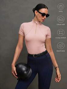 Activina 女款素色短袖拉鍊半開襟立領馬術襯衫 - 粉色 - 查看 6