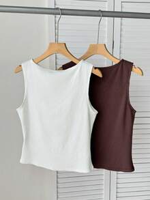 SHEIN BAE Women's 95% Cotton Sleeveless Tank 2 Packs - Brown & White, Breathable, Summer Work Basic - Multicolor - View 7