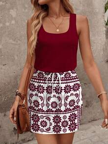 SHEIN LUNE Gaun Pendek Kasual Bermotif untuk Wanita, Cocok untuk Musim Semi dan Musim Panas - Burgundy - View 5