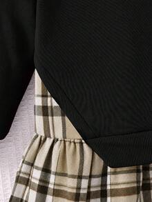 SHEIN 女童格紋拼接二合一洋裝 開學季校園風 黑色 秋季 - 黑色 - 查看 7