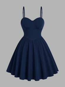 Sweetra Plus Size Women Solid Color Spaghetti Strap Cinched Waist Romantic Mini Dress - Navy Blue - View 1