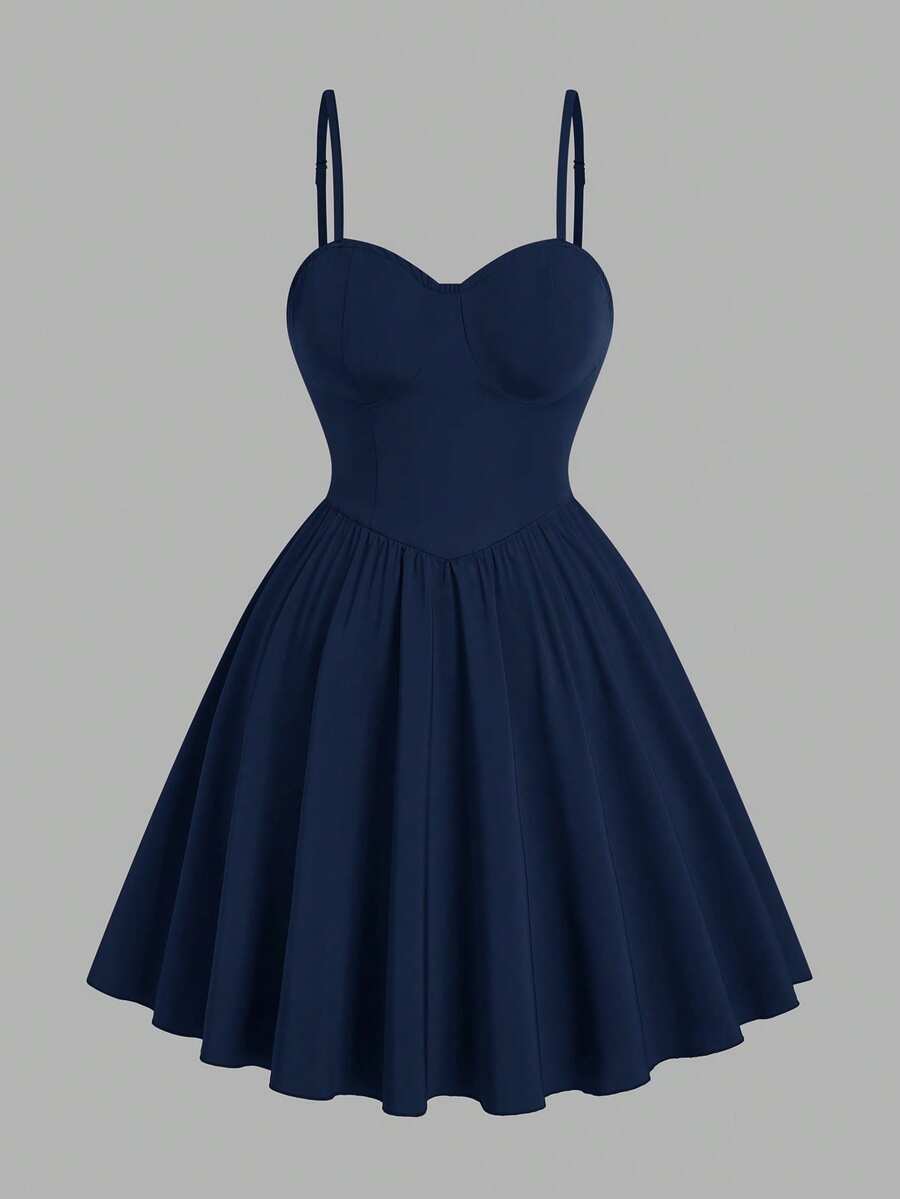 Sweetra Plus Size Women Solid Color Spaghetti Strap Cinched Waist Romantic Mini Dress - Navy Blue - View 1