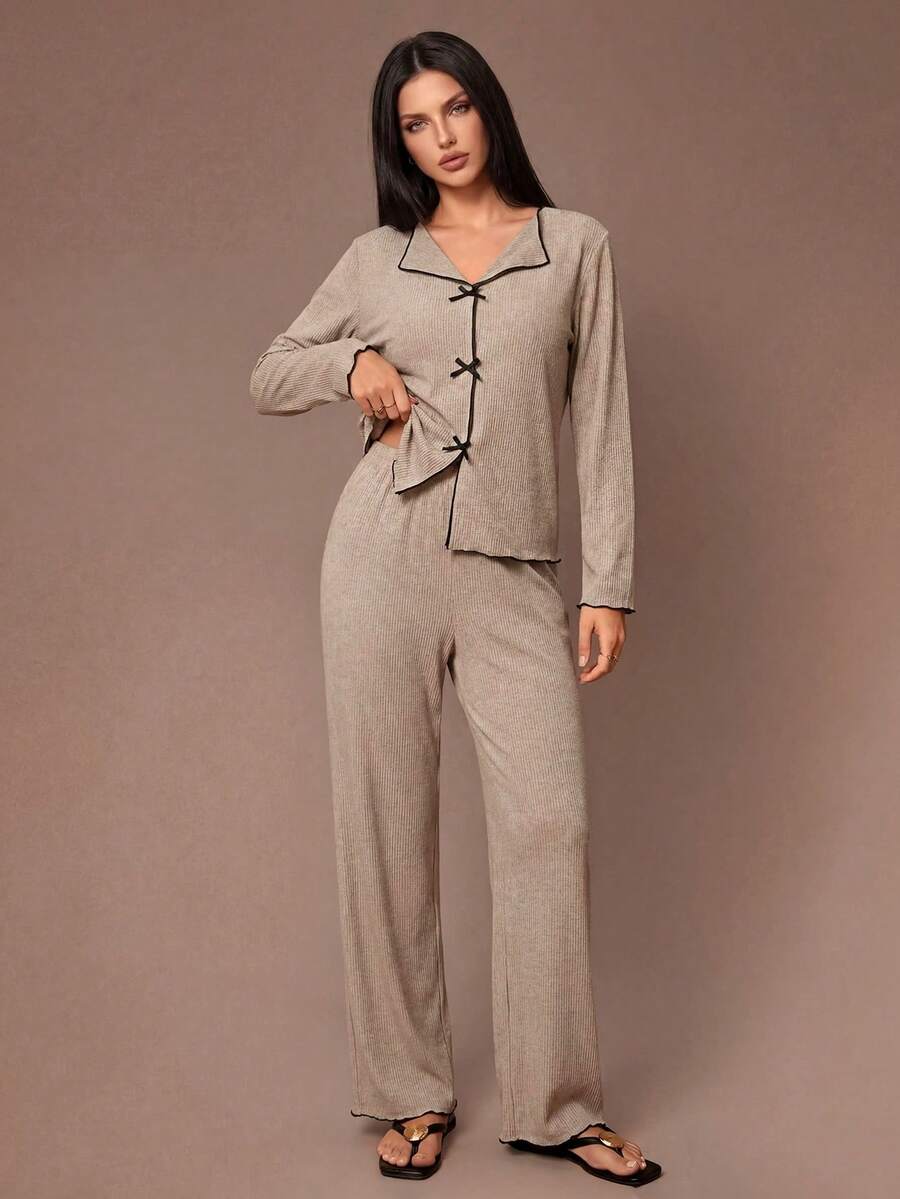 Lazeform 女士罗纹磨毛V领蝴蝶结长袖上衣和裤子睡衣套装,秋冬舒适家居服套装,秋季服装 - 卡其色 - 查看 1