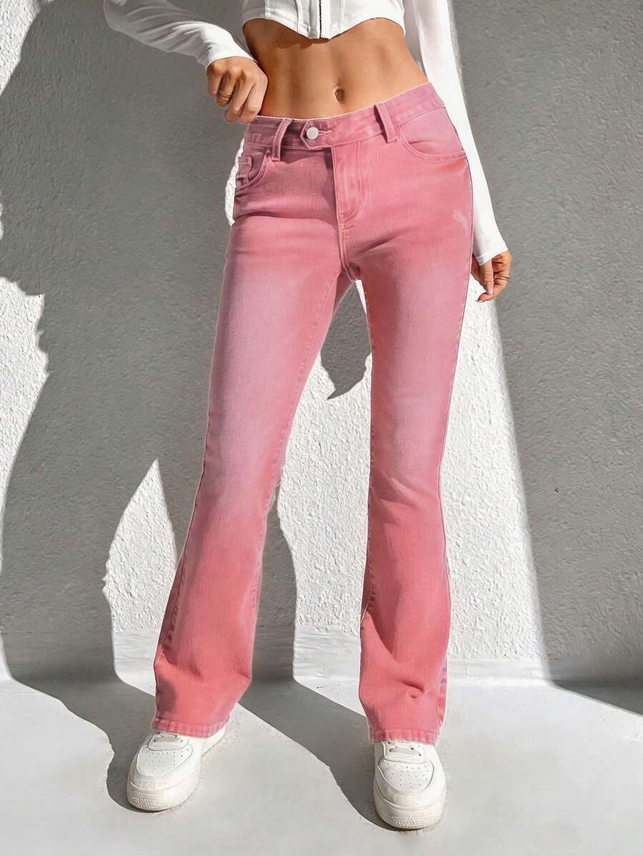 SHEIN ICON 休閒水洗低腰喇叭牛仔褲 - 粉色 - 查看 1