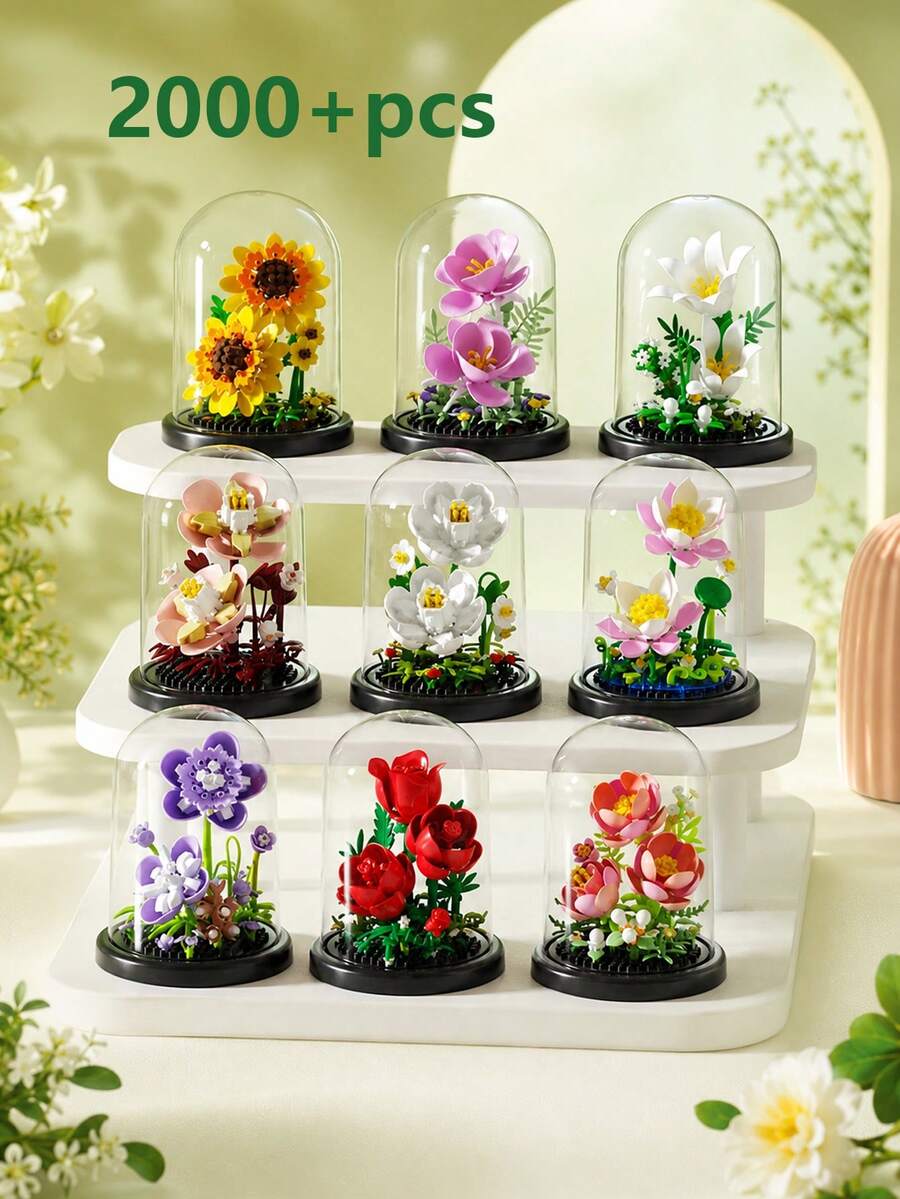 附防塵蓋花卉積木,向日葵玫瑰百合蓮花積木,桌面裝飾,生日畢業聖誕禮物 - 彩色 - 查看 1
